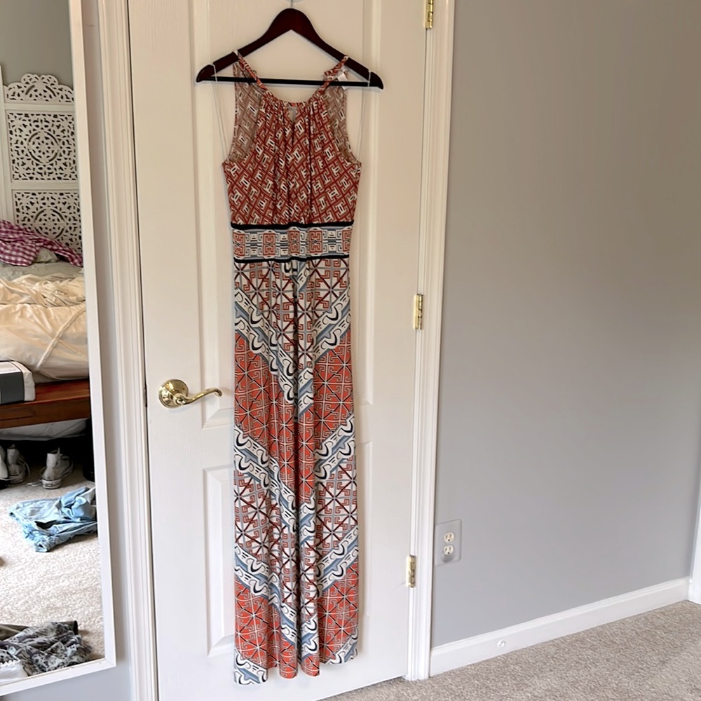 Size 6 maxi dress with orange, light blue, cream and black abstract print